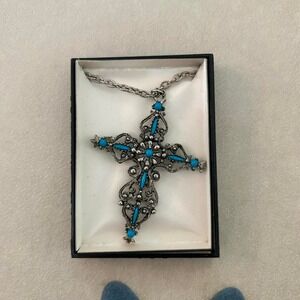 Y2K chunky sterling silver cross pendant necklace with central turquoise gem